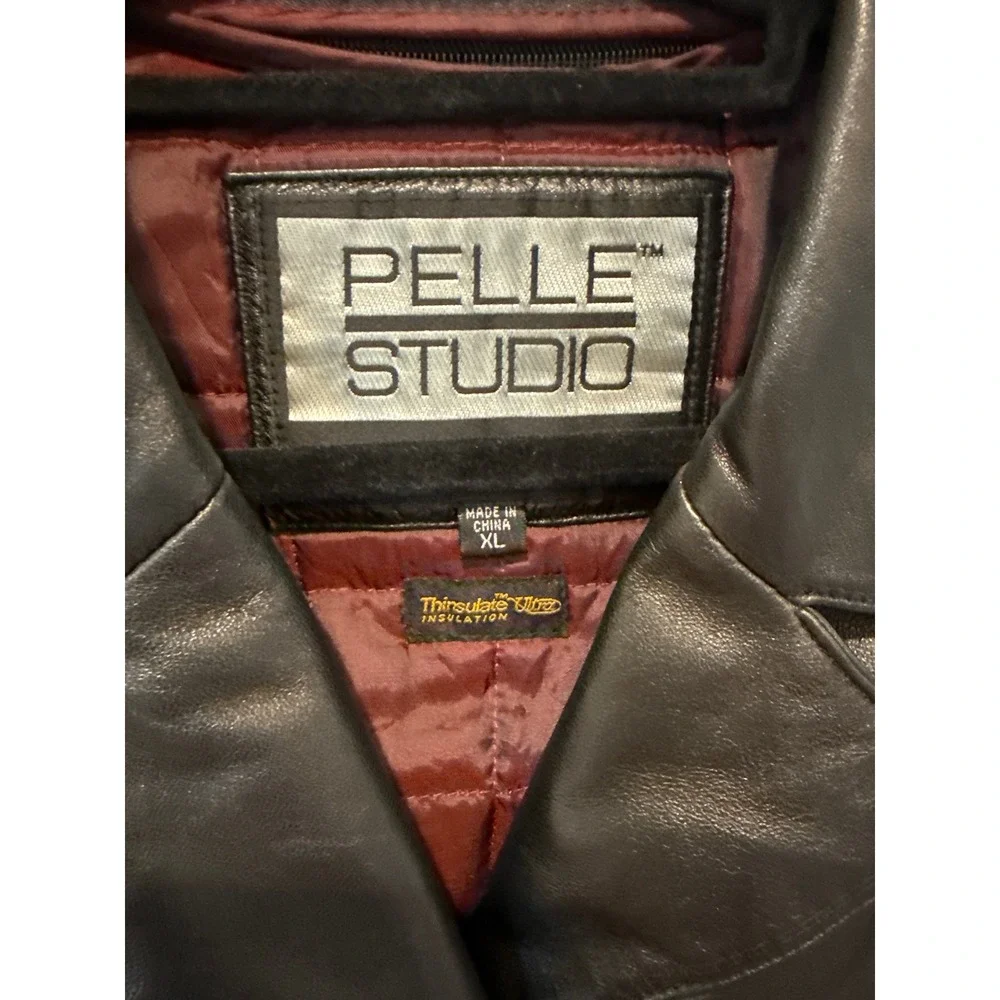 Pelle Studio Womens Black Leather Trench‎ Coat Belted Thinsulate Insulation XL